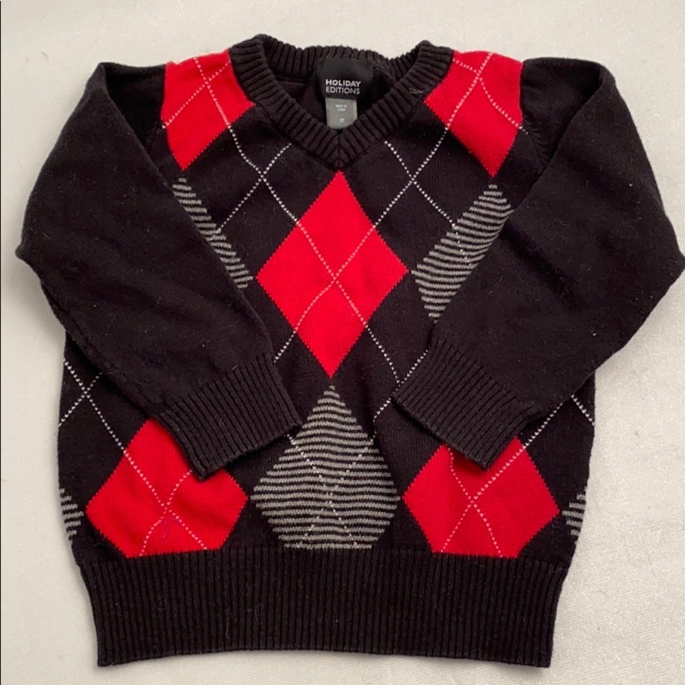 Holiday Editions red and black argyle v-neck pullover sweater 2T